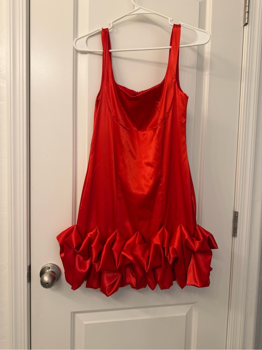 Red Satin Ruffle Hem Mini Dress